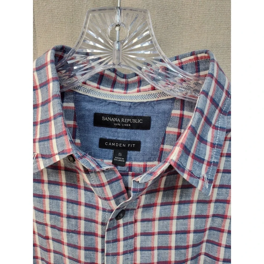 Banana Republic Camden Fit Mens S 100% Linen Short Sleeve Plaid Shirt‎ Red Blue
